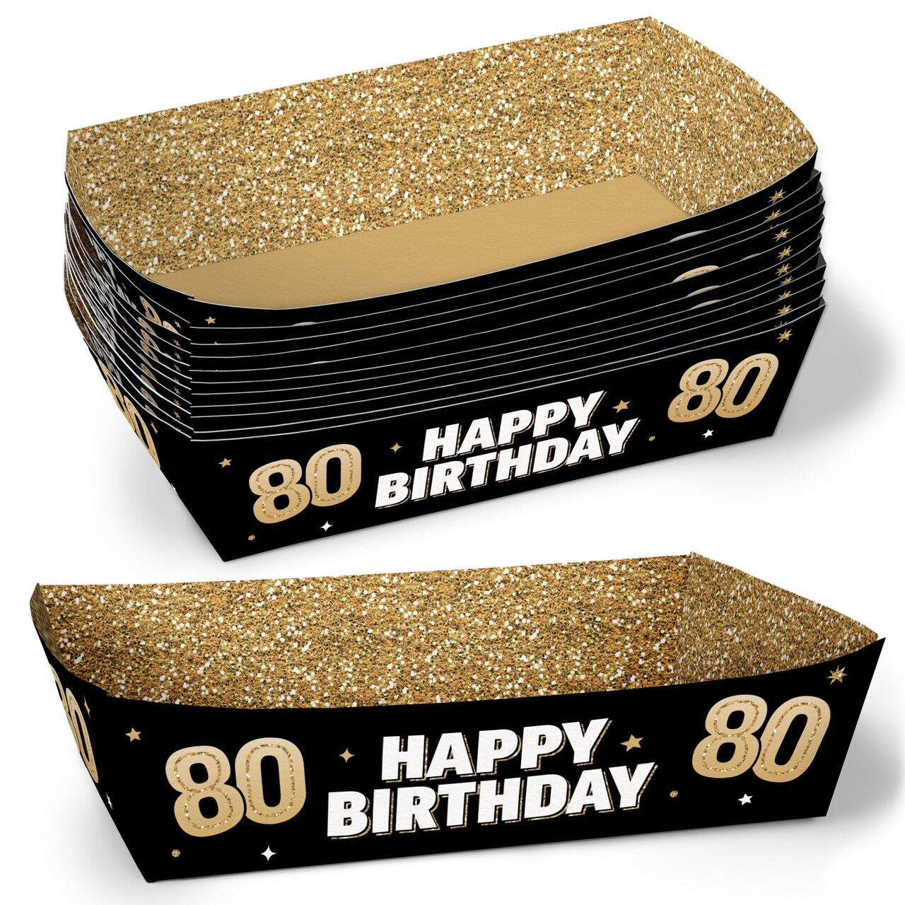 Big Dot of Happiness 80th Birthday Party Paper Food Trays, Disposable Food Boats, Black & Gold, Picnic, BBQ, Double-Sided Paper Meal Holders - 12 Ct